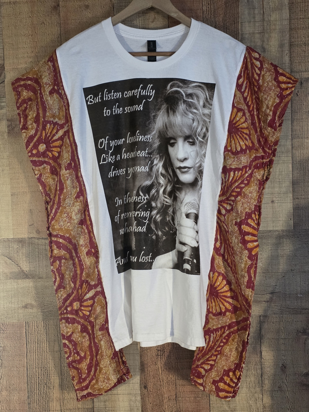 Upcycled Stevie Nicks Tee with Burgundy & Gold Kimono Sleeves
